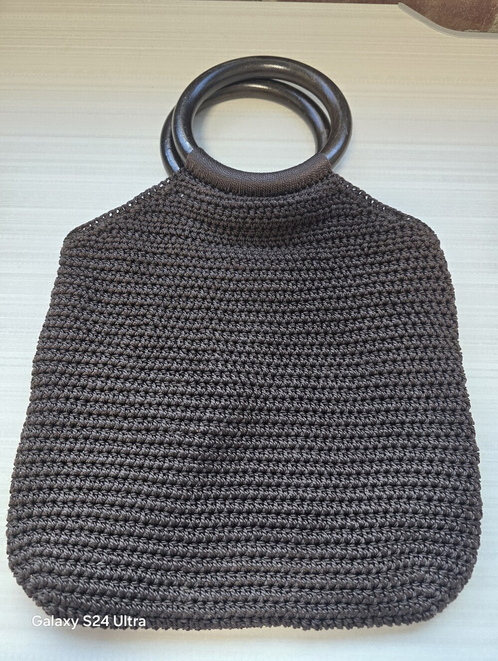 Vintage Dark Brown Macrame Round Wooden Handles Boho 70s Retro Purse * Fall Bag